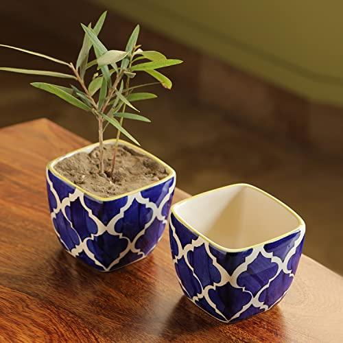 Inntinn Indigo Duo Handpainted Table Ceramic Pots (Set of 2) - Inntinn.in