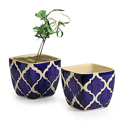 Inntinn Indigo Duo Handpainted Table Ceramic Pots (Set of 2) - Inntinn.in