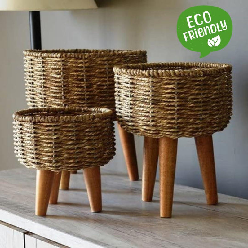Seagrass Jute Planter Stand - Set of 3 (Natural) - Inntinn.in