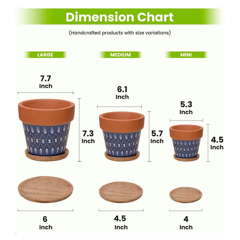 Terracotta Pots for Home Decor, Set of 3 with Wooden Bottom Trays - Inntinn.in