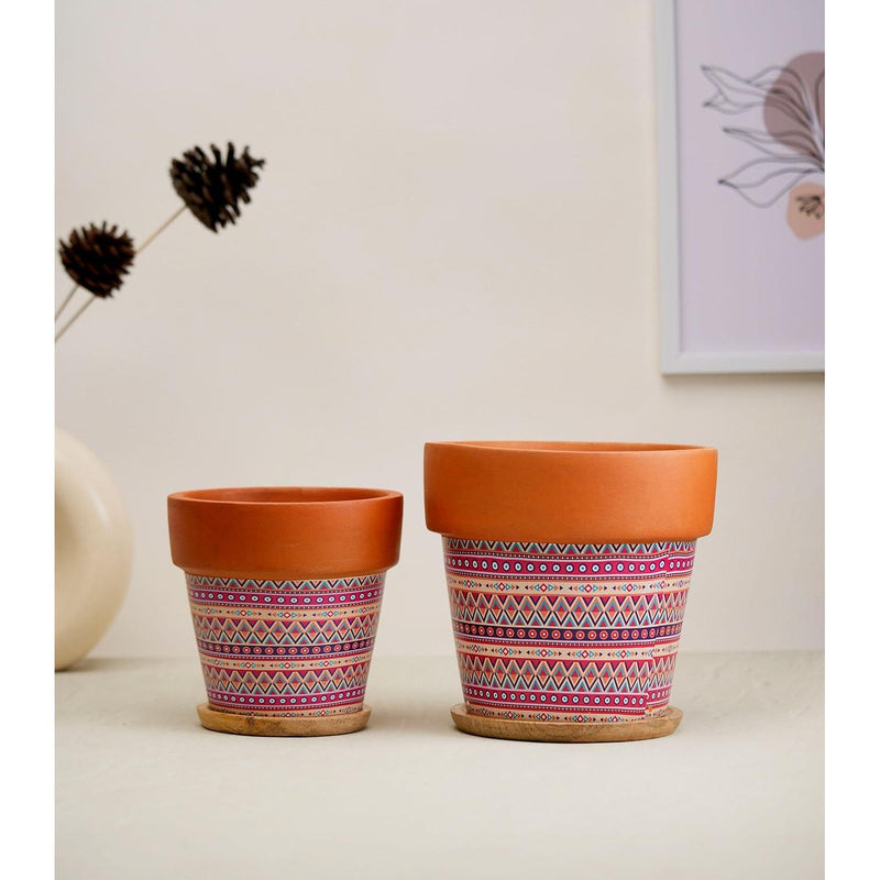 Terracotta Pots for Home Decor, Set of 3 with Wooden Bottom Trays - Inntinn.in