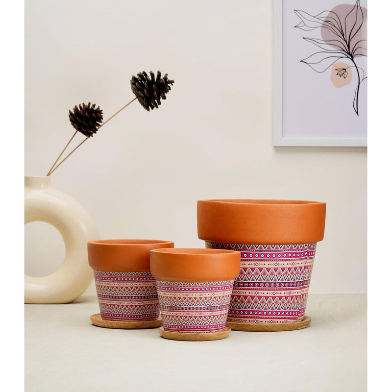 Terracotta Pots for Home Decor, Set of 3 with Wooden Bottom Trays - Inntinn.in